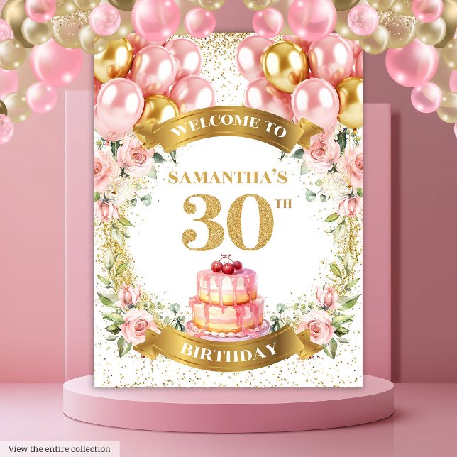Tapiz Elegante cartel de la celebración de Rubor Gold de (Elegant 30th Birthday Blush Gold Celebration Banner)
