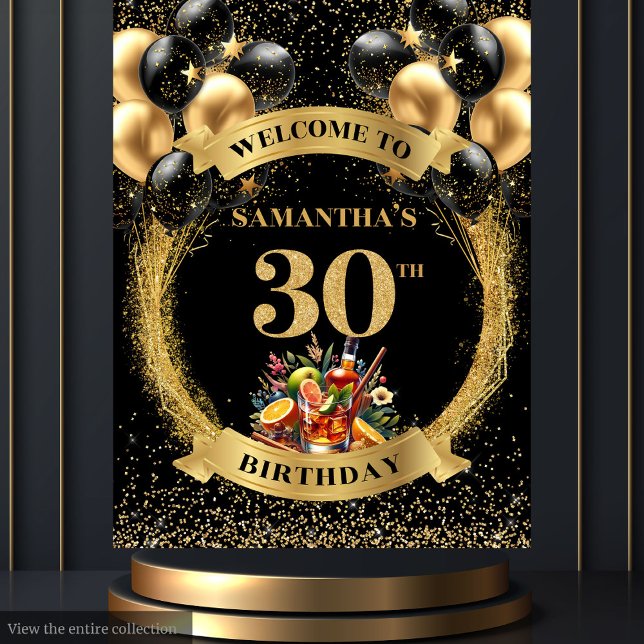 Tapiz Elegante cartel de Whiskey con cóctel por el cumpl (Stylish 30th Birthday Cocktail Whiskey Banner)