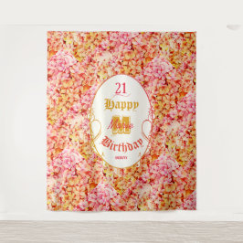 Tapiz Elegante color rosa floral Feliz 21 cumpleaños