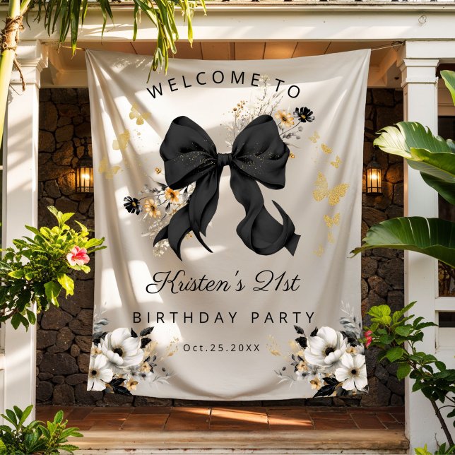 Tapiz Elegante Coquette Negra Bow Wildflowers Cumpleaños (Elegant Black Bow and Floral Birthday Tapestry decoration)