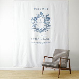 Tapiz Elegante Cresta Floral Azul Monograma de Bienvenid
