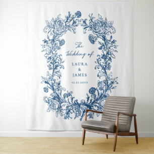 Tapiz Elegante Cresta Floral Azul Monograma de Bienvenid