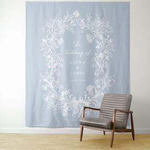 Tapiz Elegante Cresta Floral Azul Monograma de Bienvenid