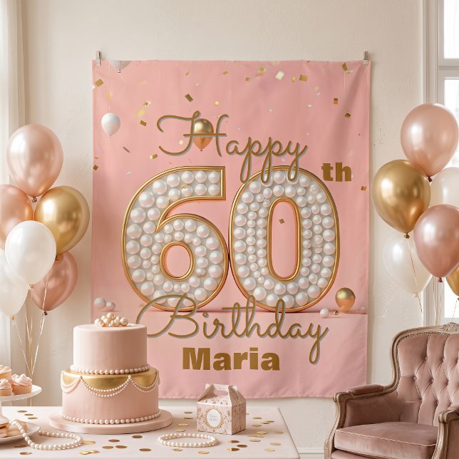 Tapiz Elegante Cumpleaños 60 Blush Rosa Perla Dorada (Subido por el creador)