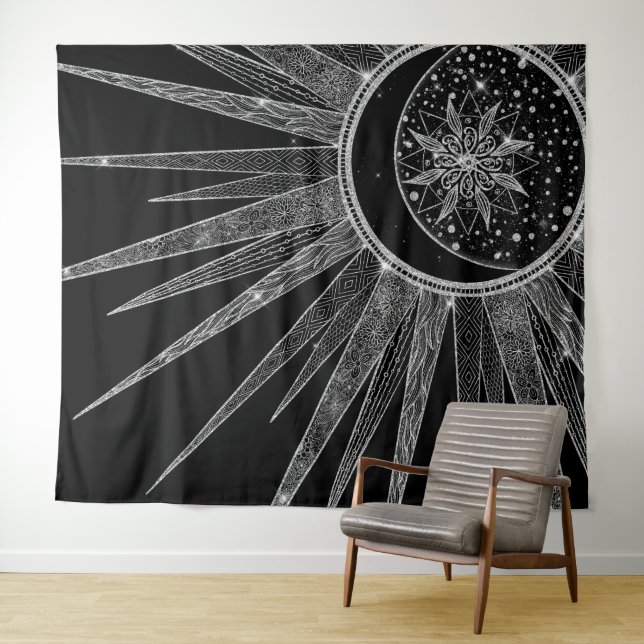 Tapiz Elegante diseño negro de luna de sol plateado Mand (In situ (horizontal))