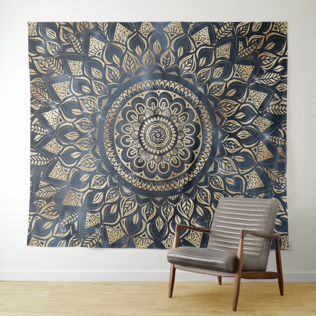 Tapiz Elegante dorado azul Mandala Floral (In situ (horizontal))