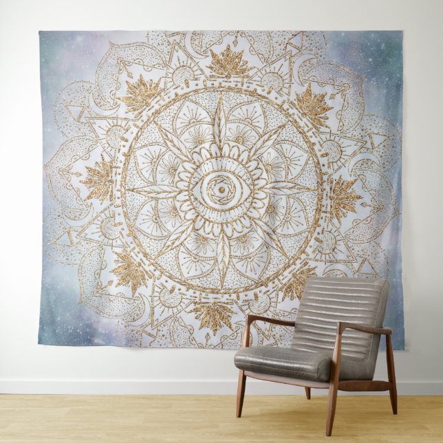 Tapiz Elegante Dorado Ojo Sol Luna Mandala Diseño (In situ (horizontal))