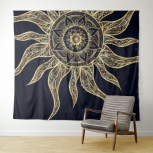 Tapiz Elegante Dorado Sun Mandala Blue Nebula Diseño