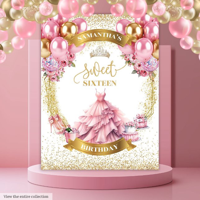 Tapiz Elegante dulce 16 fondo vestido rosa Dorado Tiara (Stylish Sweet 16 Backdrop Pink Dress Gold Tiara)