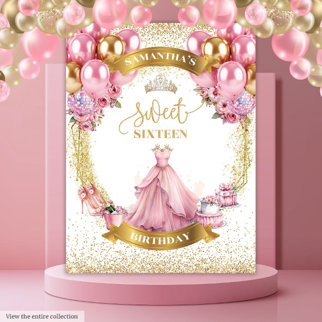 Tapiz Elegante dulce Dieciséis Banner Vestido Rosa Ballo (Elegant Sweet Sixteen Banner Pink Dress Gold Balloons)