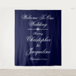 Tapiz Elegante escritura blanca fiesta de boda azul mari