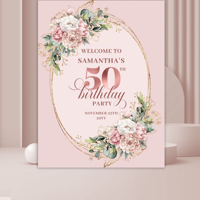 Tapiz Elegante Fiesta de Cumpleaños 50 en Polvo Rosa con (Stylish Rose Gold Dusty Pink 50th Birthday Party Banner Decor

)
