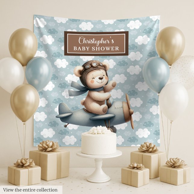 Tapiz Elegante fiesta de ducha de bebé piloto de osito d (Stylish teddy bear pilot baby shower party sign Tapestry)