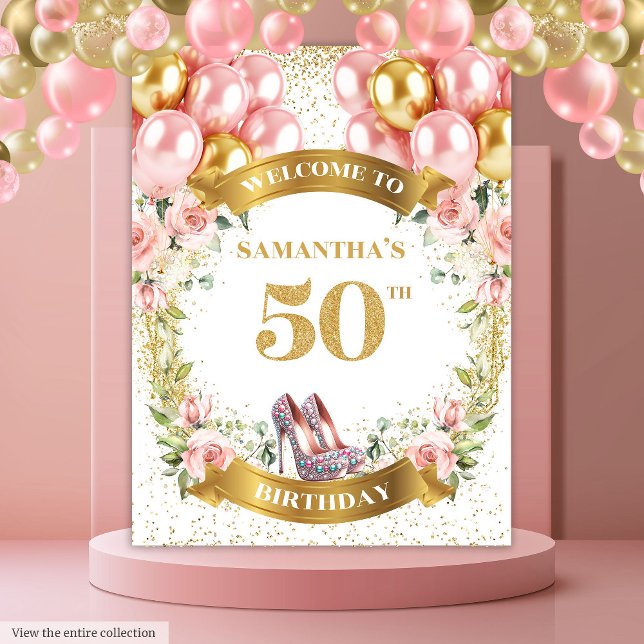 Tapiz Elegante Fiesta Purpurina de Boho Flowers 50 cumpl (Elegant 50th Birthday Boho Flowers Glitter Party Tapestry )