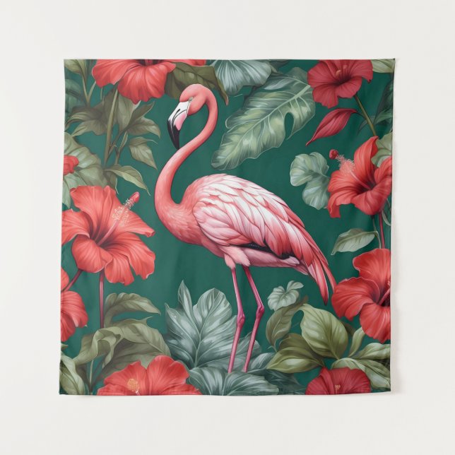 Tapiz Elegante Flamingo Hibiscus Flowers Emerald Green (Anverso)