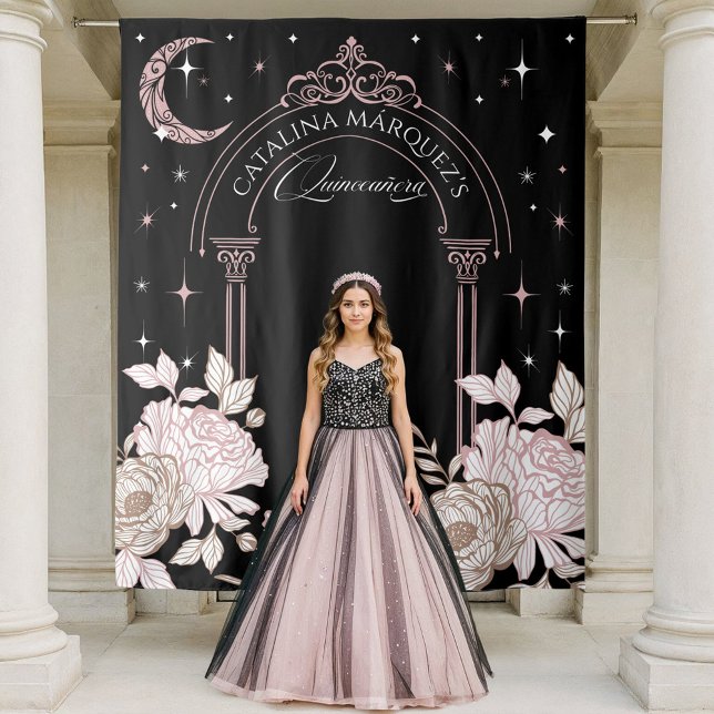 Tapiz Elegante Floral Celeste Moon Stars Quinceañera (Elegant Floral Celestial Moon Stars Quinceañera Tapestry)