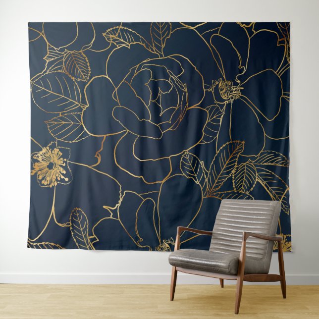 Tapiz Elegante floral de Rosas de oro azul (In situ (horizontal))
