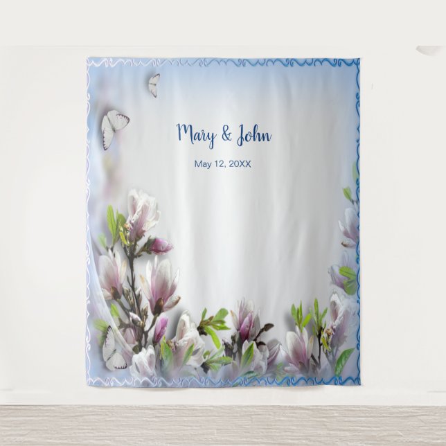 Tapiz Elegante fondo Boda de mariposa floral púrpura (Anverso)