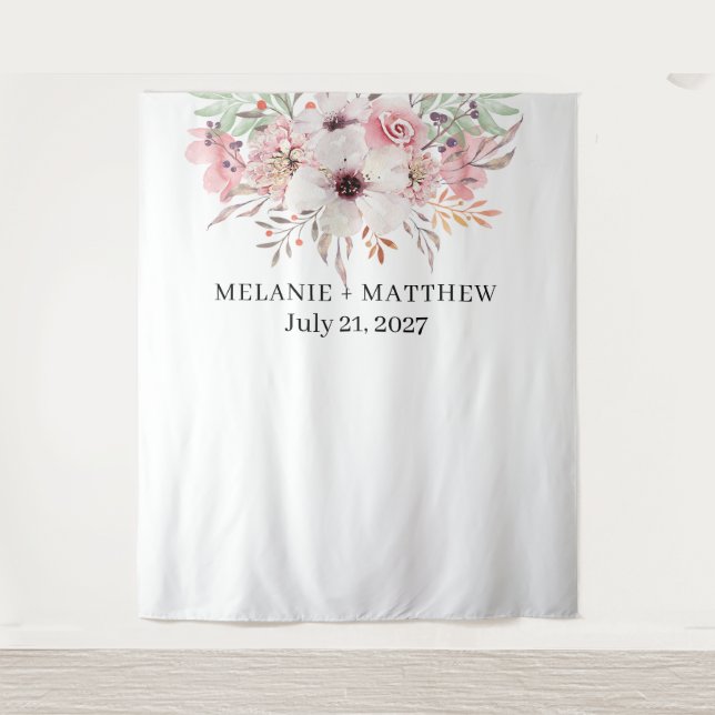 Tapiz Elegante fondo de Boda floral de acuarela rústica (Anverso)