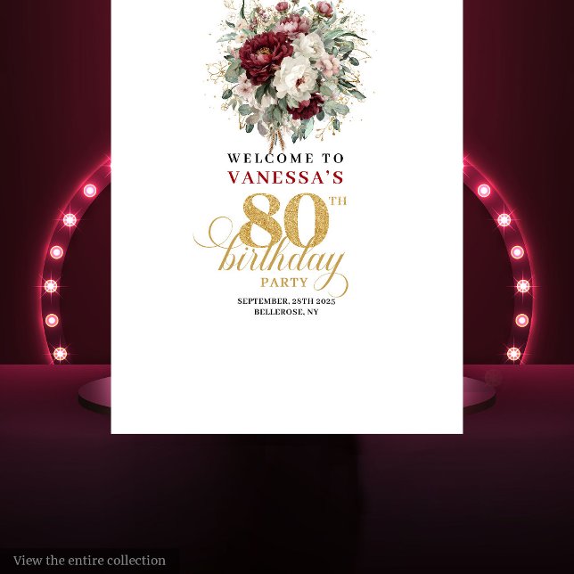 Tapiz Elegante fondo de cumpleaños 80 con flores de Burd (Stylish Burgundy Floral 80th Birthday Backdrop)
