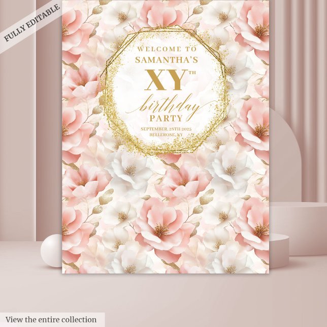 Tapiz Elegante Fondo de Cumpleaños con Flores Polvorient (Elegant Floral Dusty Pink Birthday Party Backdrop

)