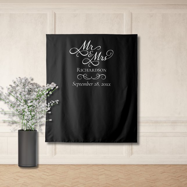 Tapiz Elegante fondo de foto de boda (elegant black and white wedding reception photo backdrop photobooth for guests, mr and mrs script)