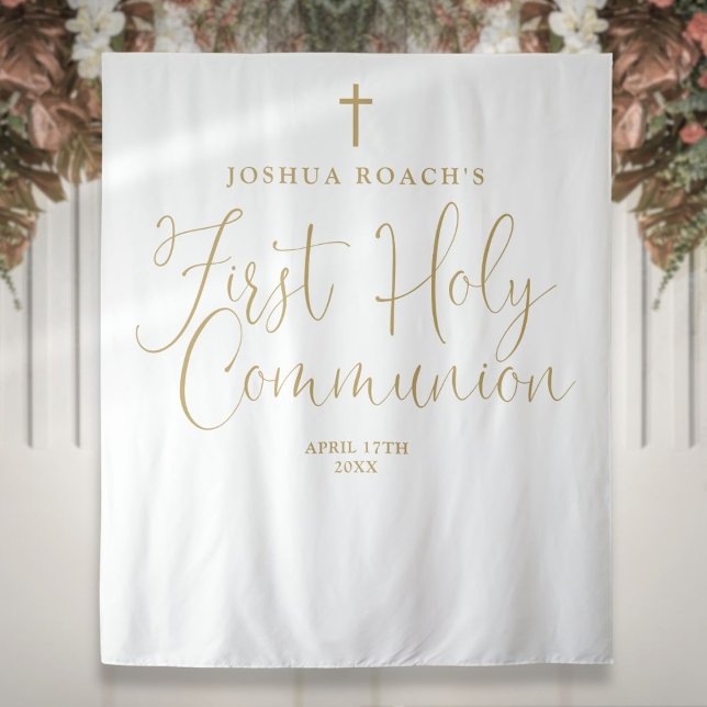 Tapiz Elegante fondo dorado con letra script para primer (Elegant Gold Script First Holy Communion Backdrop)