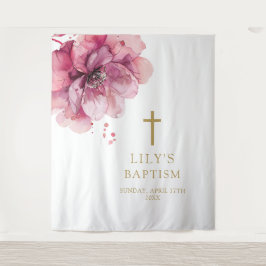 Tapiz Elegante fondo floral de bautizo en acuarela rosa
