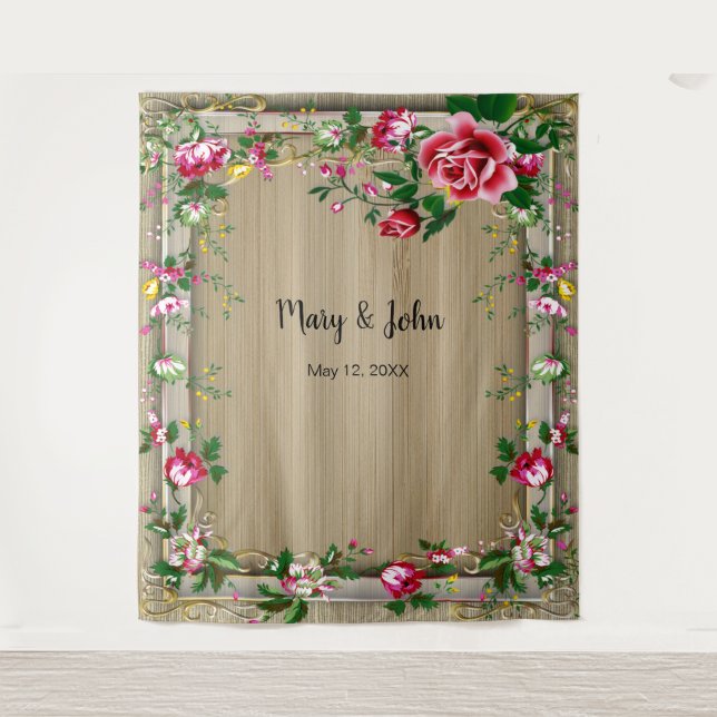 Tapiz Elegante Fondo para Fotos de Boda con Rosas Rojas  (Anverso)