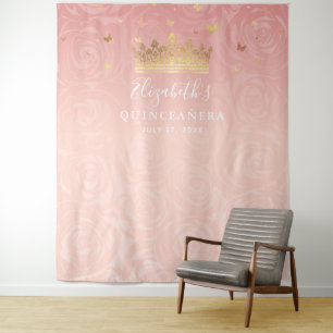 Tapiz Elegante Foto de Quinceañera Rosa Dorado Blush Ros
