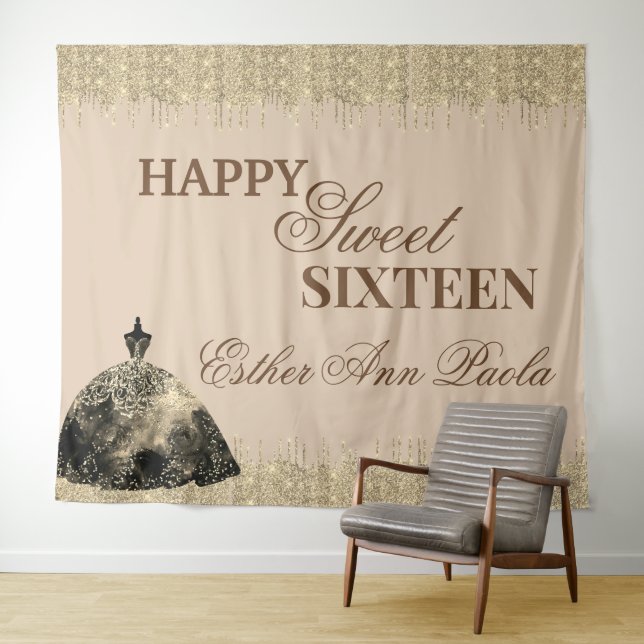 Tapiz Elegante Glam Gold Brown Purpurina Dulce 16 Cumple (In situ (horizontal))