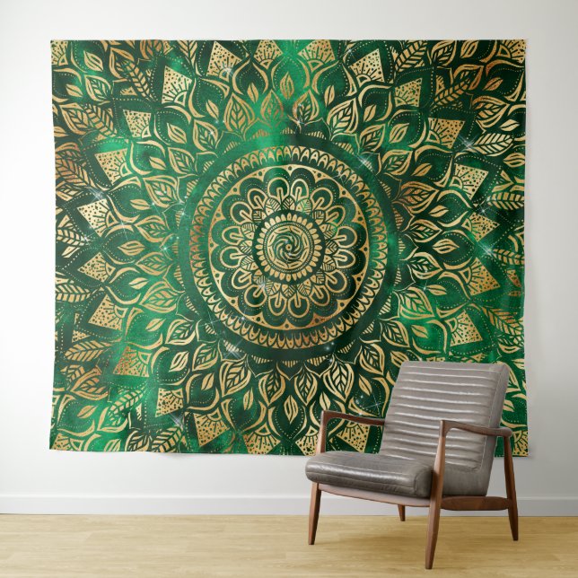Tapiz Elegante Gold Green Mandala Floral (In situ (horizontal))