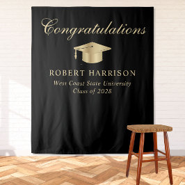 Tapiz Elegante Grad Cap Black Gold Graduation Bienvenido