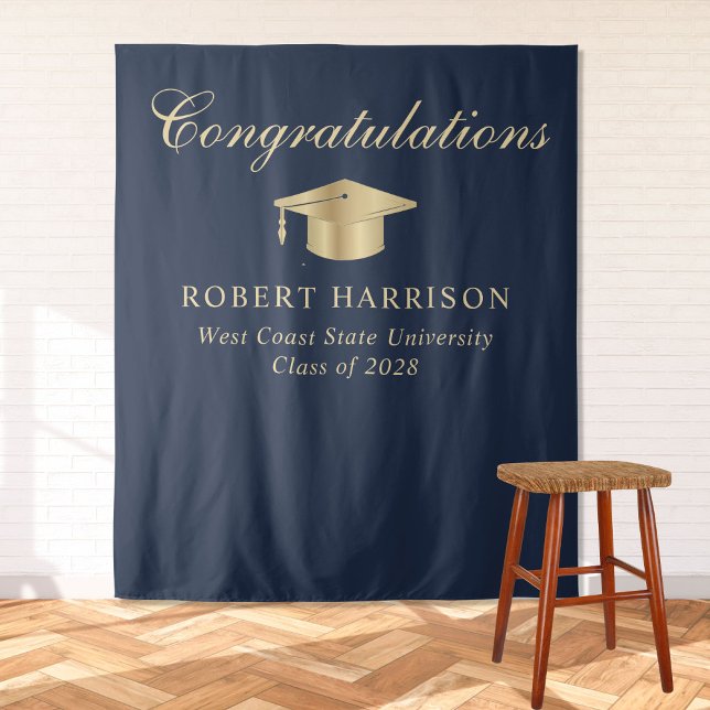 Tapiz Elegante Grad Cap Blue Gold Graduation Bienvenido (Subido por el creador)