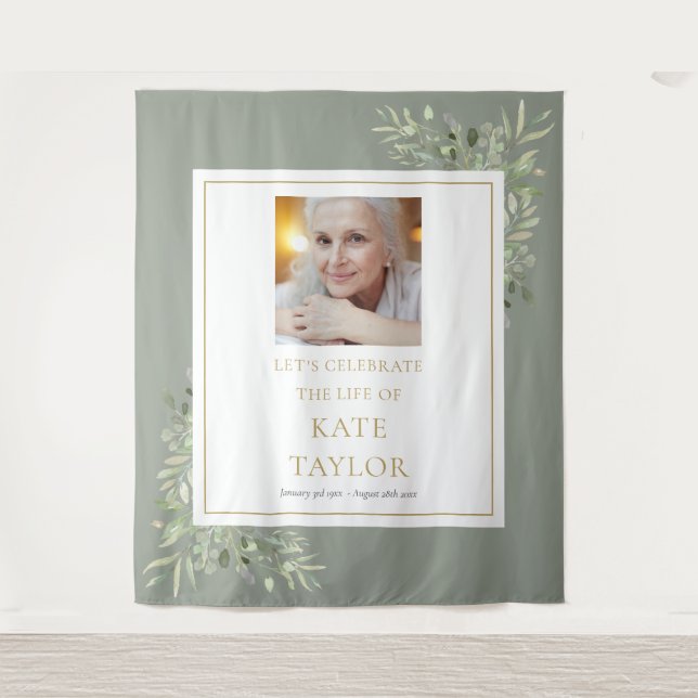 Tapiz Elegante Green Photo Funeral Memorial Service (Anverso)