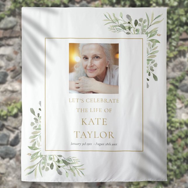 Tapiz Elegante Green Photo Funeral Memorial Service (Elegant Greenery Photo Funeral Memorial Service Tapestry)