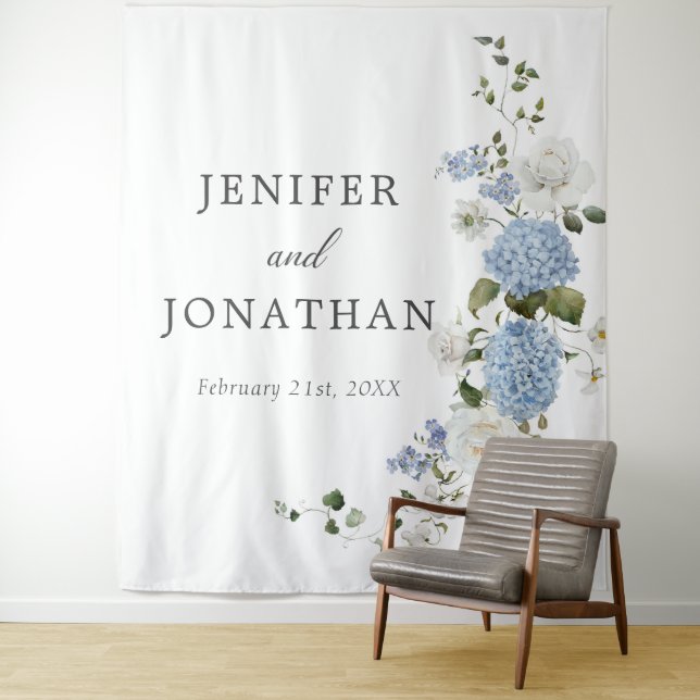 Tapiz Elegante Hydrangea Azul Roses Blancas Boda Floral (In situ)