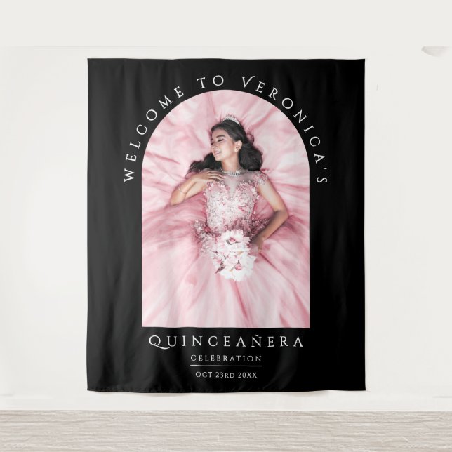 Tapiz Elegante Moda Clásica Negra Foto de Quinceañera (Anverso)