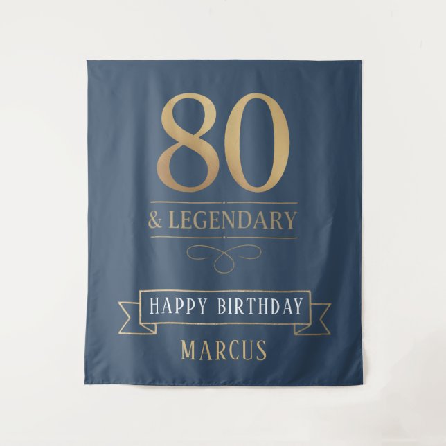 Tapiz Elegante Navy y Oro 80 cumpleaños legendario (Anverso)