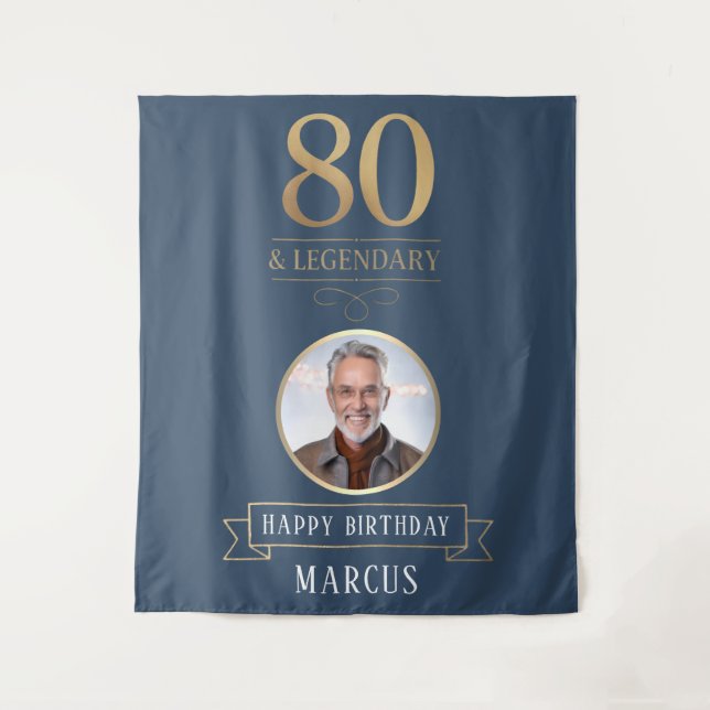 Tapiz Elegante Navy y Oro 80 y Cumpleaños Legendario (Anverso)