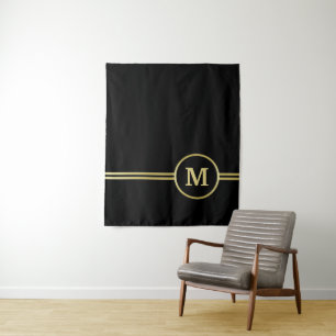 Tapiz Elegante oro Monograma personalizado sobre negro