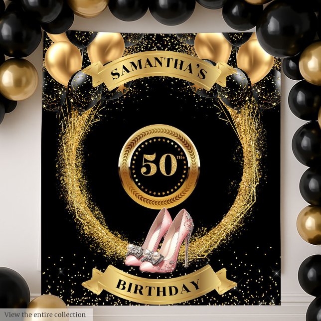 Tapiz Elegante pancarta de 50 años Purpurina tacones ros (Stylish 50th Birthday Banner Glitter Pink Heels Tapestry)