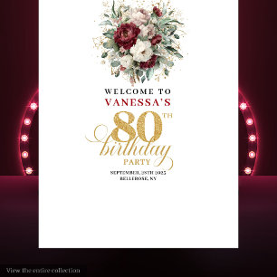 Tapiz Elegante pancarta de cumpleaños 80 en tono borgoña