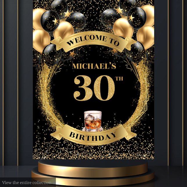 Tapiz Elegante pancarta de whisky para el 30 cumpleaños  (Stylish 30th Man's Birthday Whiskey Banner Tapestry)