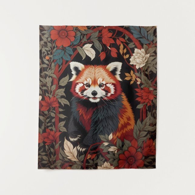Tapiz Elegante Panda Rojo William Morris Inspirado Flora (Anverso)