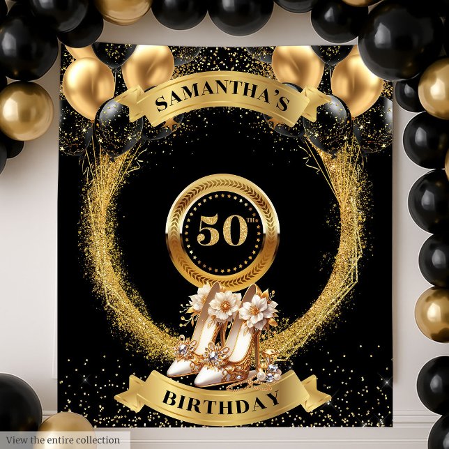 Tapiz elegante para cumpleaños 50 con tacones de l (Elegant 50th Birthday Tapestry Gold Sparkle Heels)