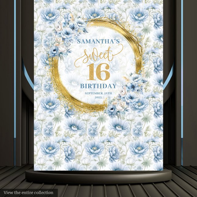 Tapiz Elegante Pastel Azul Cumple Dulces Dieciséis Brill (Elegant Pastel Blue Sweet Sixteen Gold Glitter Tapestry)