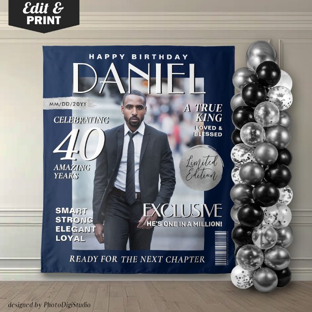 Tapiz Elegante portada de la revista Personalizado de fo (Birthday Custom Magazine Cover Backdrop for Men, Navy Blue Silver Banner Ste and Repeat Fashion)