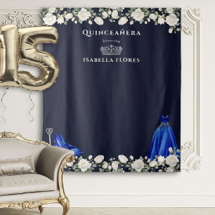Tapiz Elegante Princesa Floral Quinceanera Azul oscuro