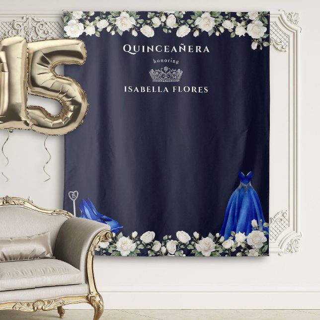 Tapiz Elegante Princesa Floral Quinceanera Azul oscuro (Quinceanera Backdrop from the Princess Dress and Roses Quinceanera collection by Darling & May)